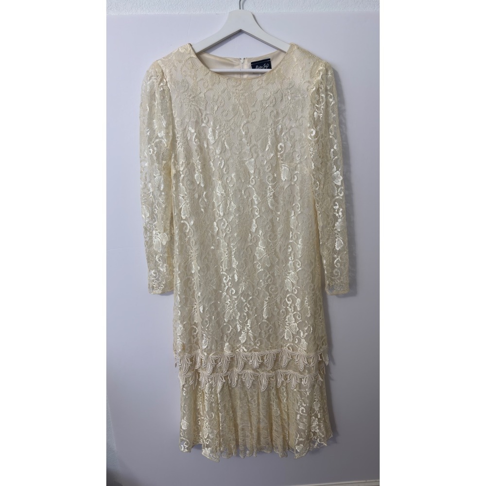 Vintage Mister Jay Lace Midi Dress L Cream Tiered Drop Waist Wedding Guest